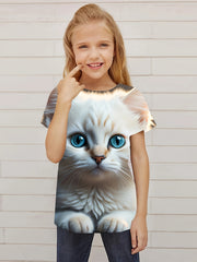 3D Cat Graphic Short Sleeve T shirt For Girls - Summer Sports