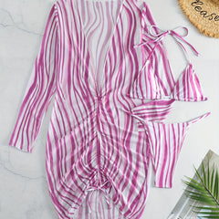 Stripes Print Halter V String 3 Piece Swimsuit