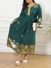 Abaya Dress Women's Plus Golden Floral Print Long Sleeve