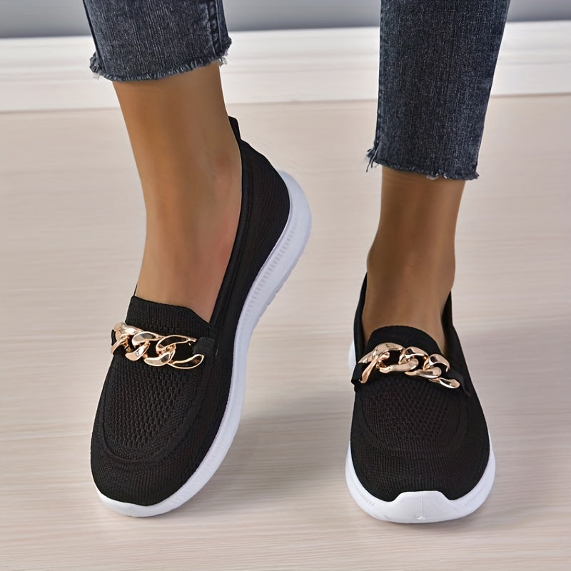 Women's Chain Decor Sneakers Breathable Knit Slip On Shoes Low Top Walking Shoes