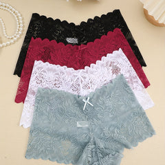 4pcs Lace Boyshort Panties Floral Semi-sheer Scallop Trim Intimates Lingerie