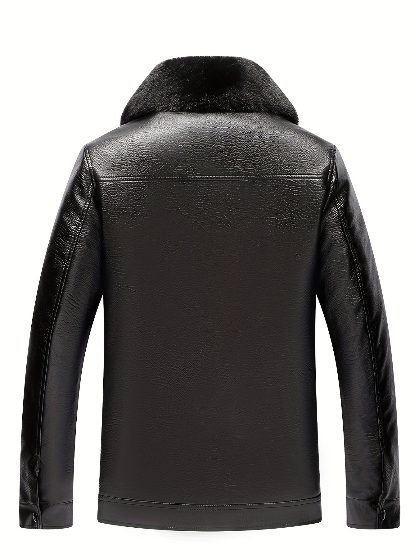 Men's Fleece PU Jacket Solid Zip-Up Fur Collar Faux Leather Fall Winter