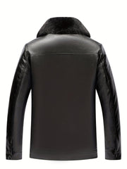 Men's Fleece PU Jacket Solid Zip-Up Fur Collar Faux Leather Fall Winter