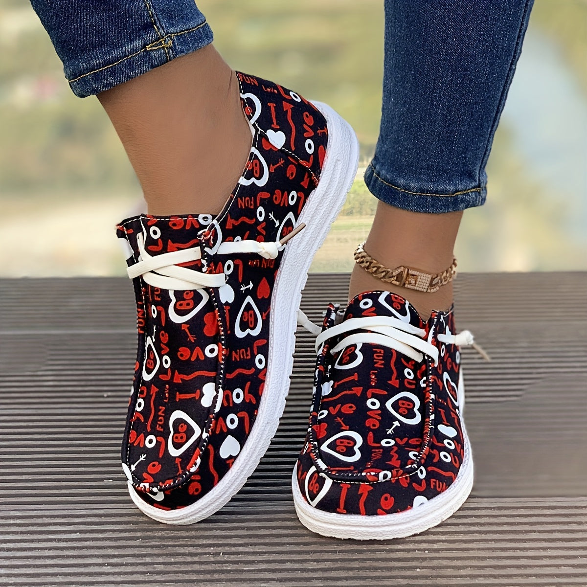 Women's Heart & Letter Pattern Boat Shoes Lightweight Slip on Flat Shoes