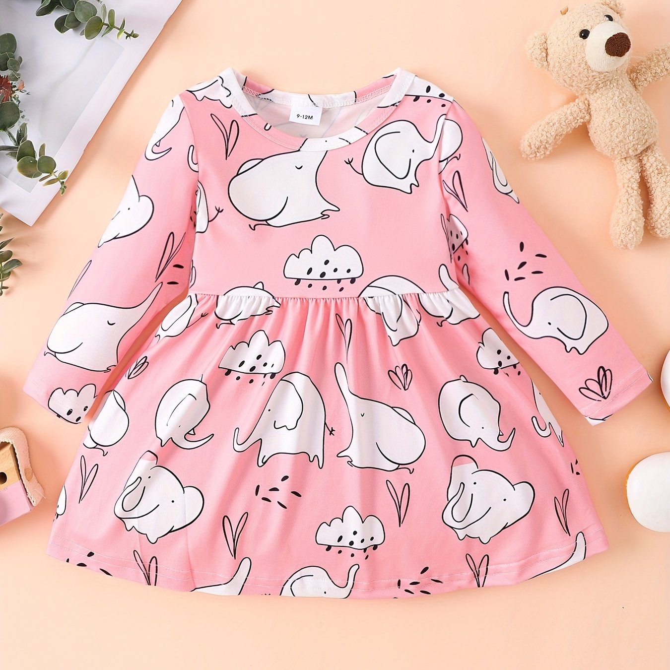 Baby Girl Elephant Printed Long Sleeve Dress
