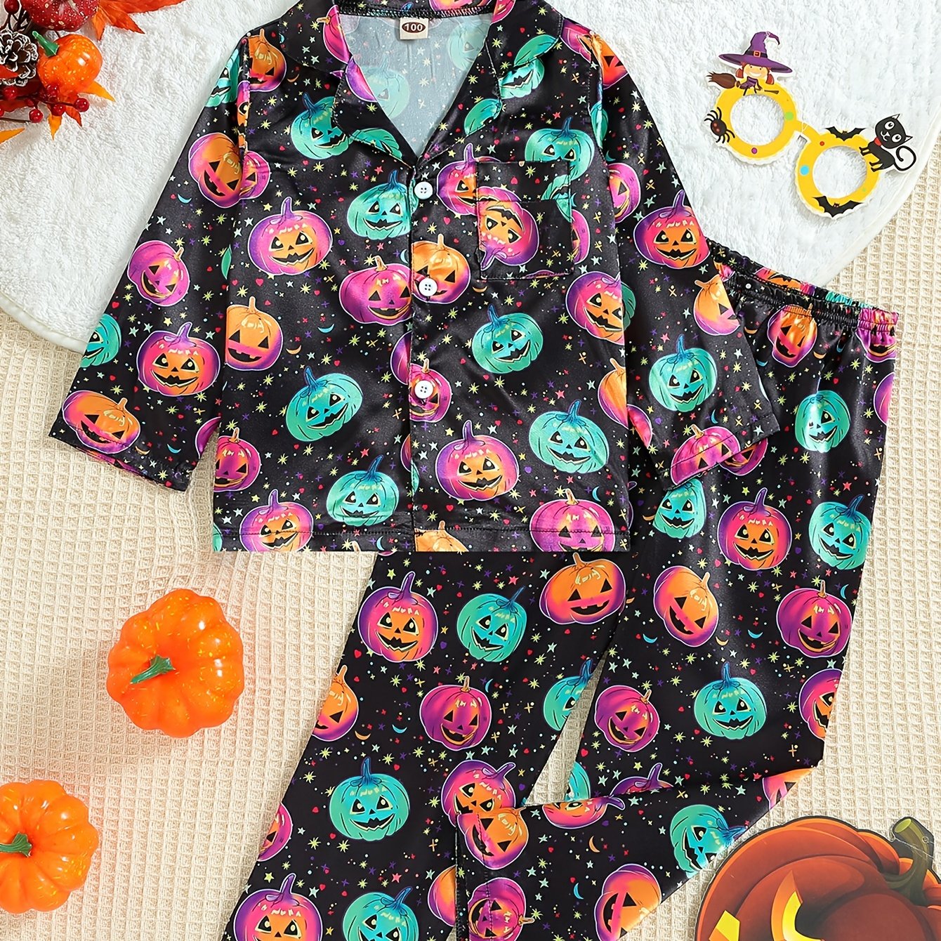2pcs Boy's Pumpkin Pattern Satin Pajamas Halloween Style PJ Set