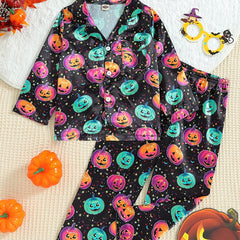 2pcs Boy's Pumpkin Pattern Satin Pajamas Halloween Style PJ Set