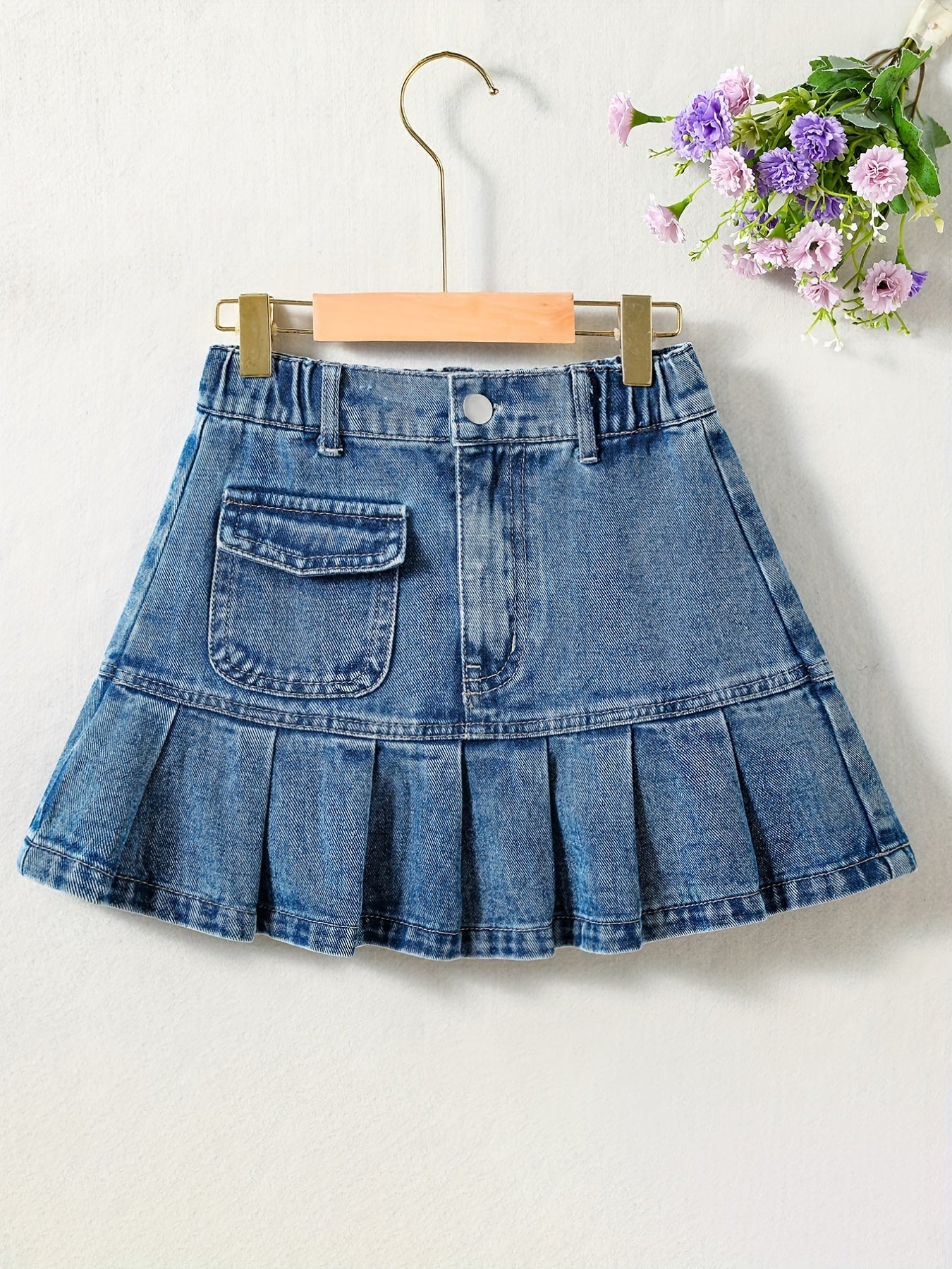 Girls Denim Mini Skirt with Elastic Waist & Pockets - Summer A-line Pleated