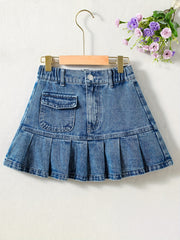 Girls Denim Mini Skirt with Elastic Waist & Pockets - Summer A-line Pleated