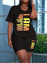 Plus Size Slogan Print Tee & Biker Shorts Set for Women