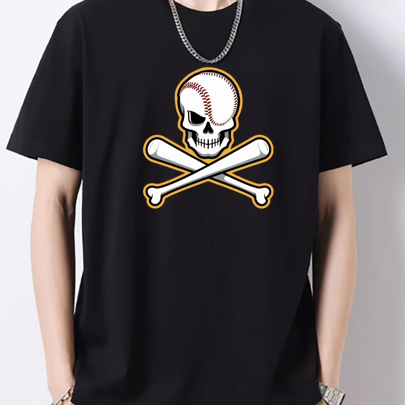 Funny Baseball Skeleton Print Men's Cotton Graphic Crew Neck Active T shirt