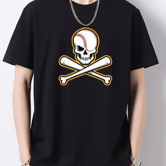 Funny Baseball Skeleton Print Men's Cotton Graphic Crew Neck Active T shirt