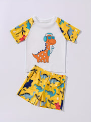 Kid's Swim Trunks & Tops 2pcs Dino Music Print, Beach Vacation Casual Set