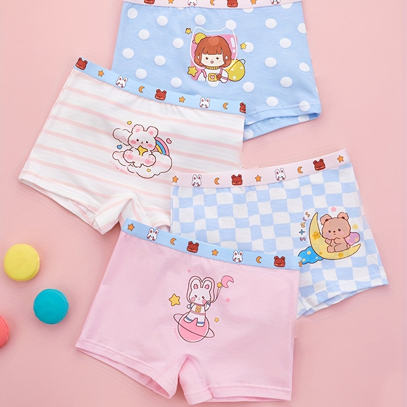 4pcs Girl's Boxer Briefs Cartoon Print Elastic Waist Underwear 95% Cotton