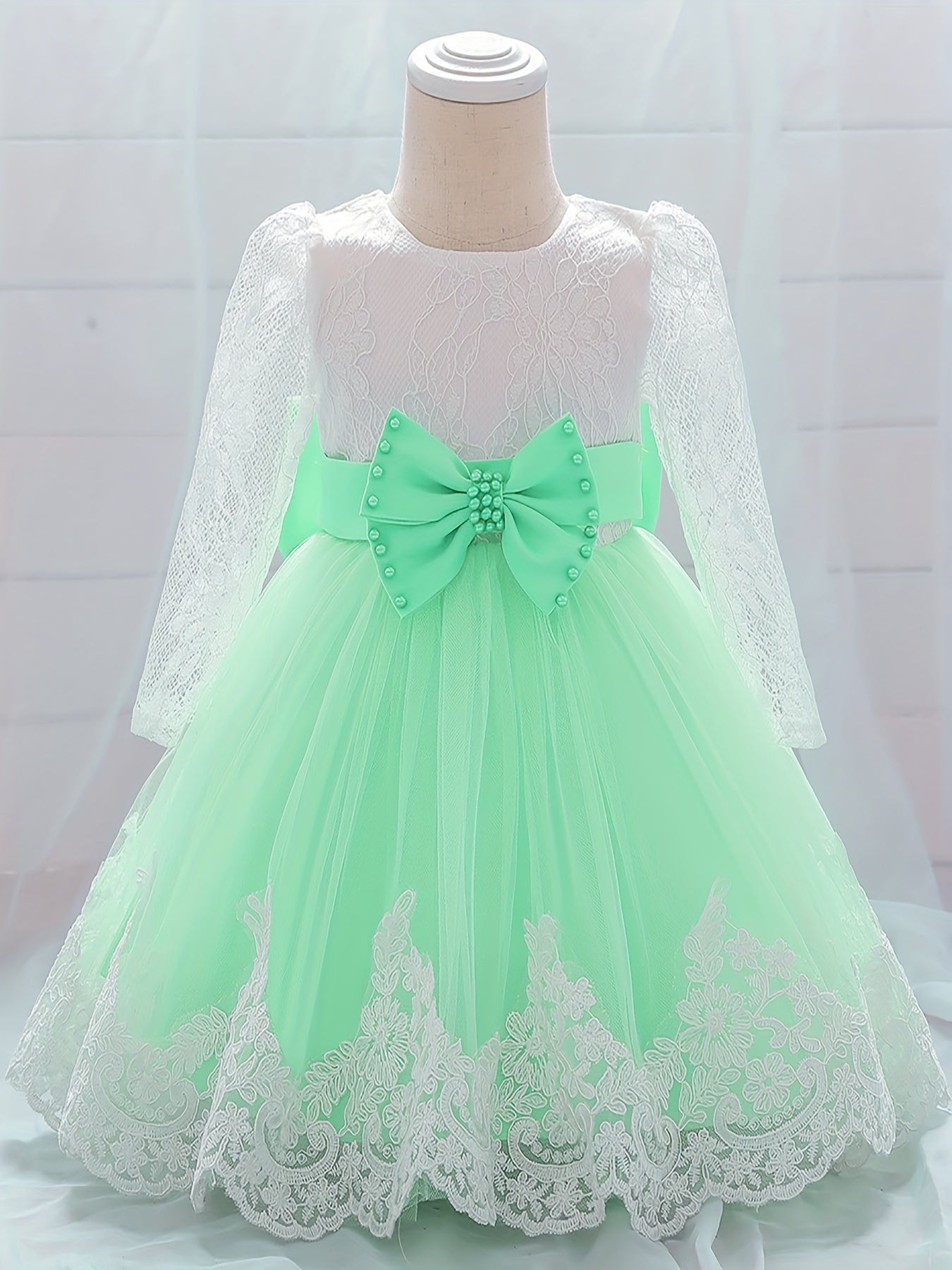 Baby Girls Floral Embroidery Long Sleeve Mesh Gown Princess Dress