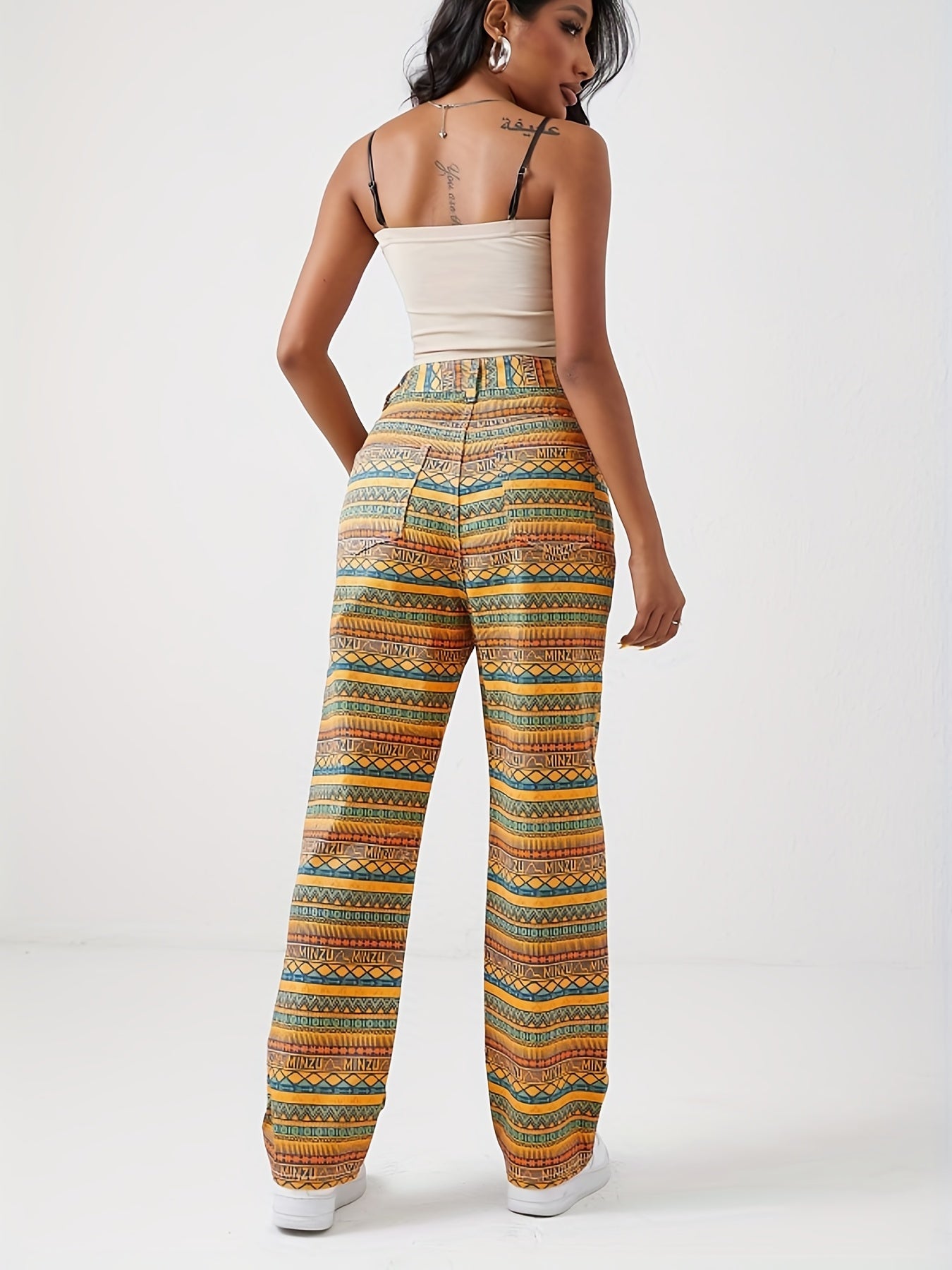 Geometric Striped Print Straight Jeans Loose Fit Non Stretch