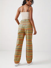 Geometric Striped Print Straight Jeans Loose Fit Non Stretch