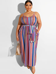Strip Cami Maxi Dress With Pockets Women's Plus Medium Stretch