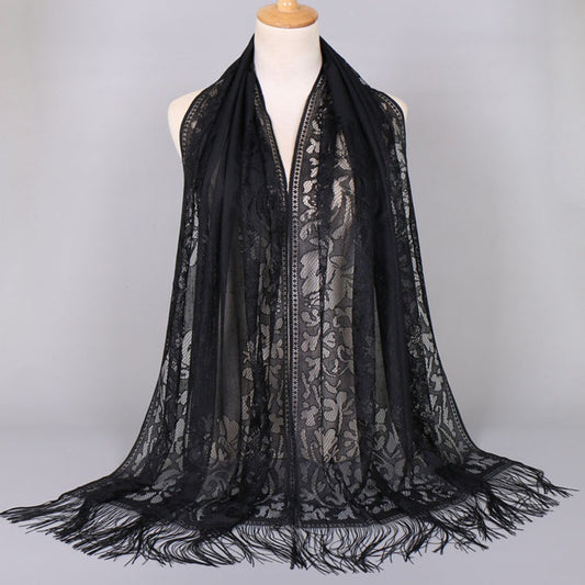 Floral Lace Scarf Shawl With Tassels Soft Mesh Fringe Wraps