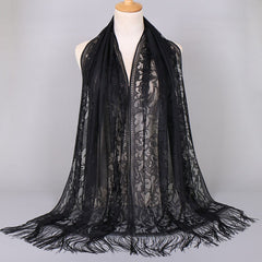 Floral Lace Scarf Shawl With Tassels Soft Mesh Fringe Wraps