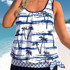 Coconut Tree Print Tankini Set - Knot Side Tank Top & Shorts S