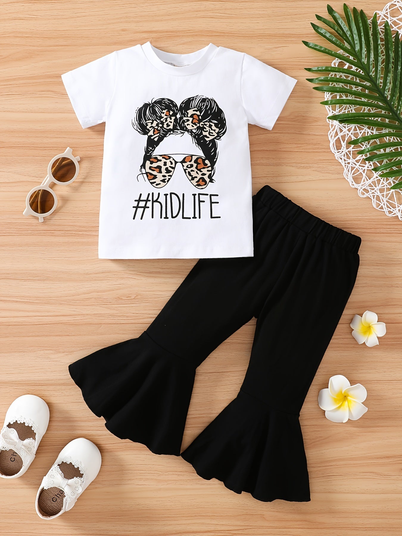 Girls Leopard Print Tee & Solid Flared Pants Set