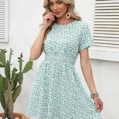 Floral Print Shirred Waist Dress Crew Neck Short Sleeve Dress