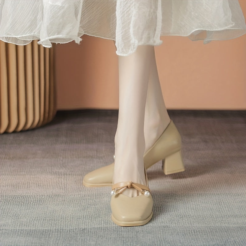 Retro Pearl Decor Square Toe Pumps Chunky Heel Dress Shoes