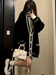Contrast Trim Button Up Cardigan Loose Sweater