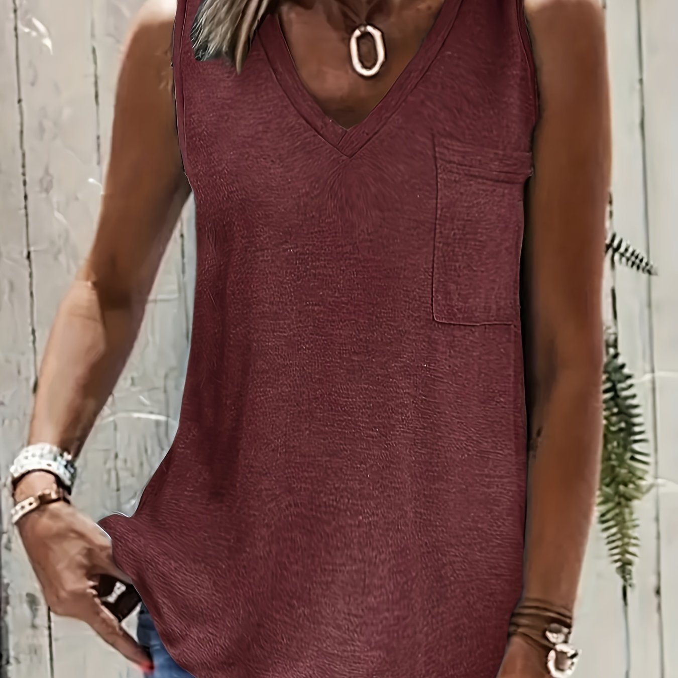 Casual V Neck Tank Top with Pocket for Women