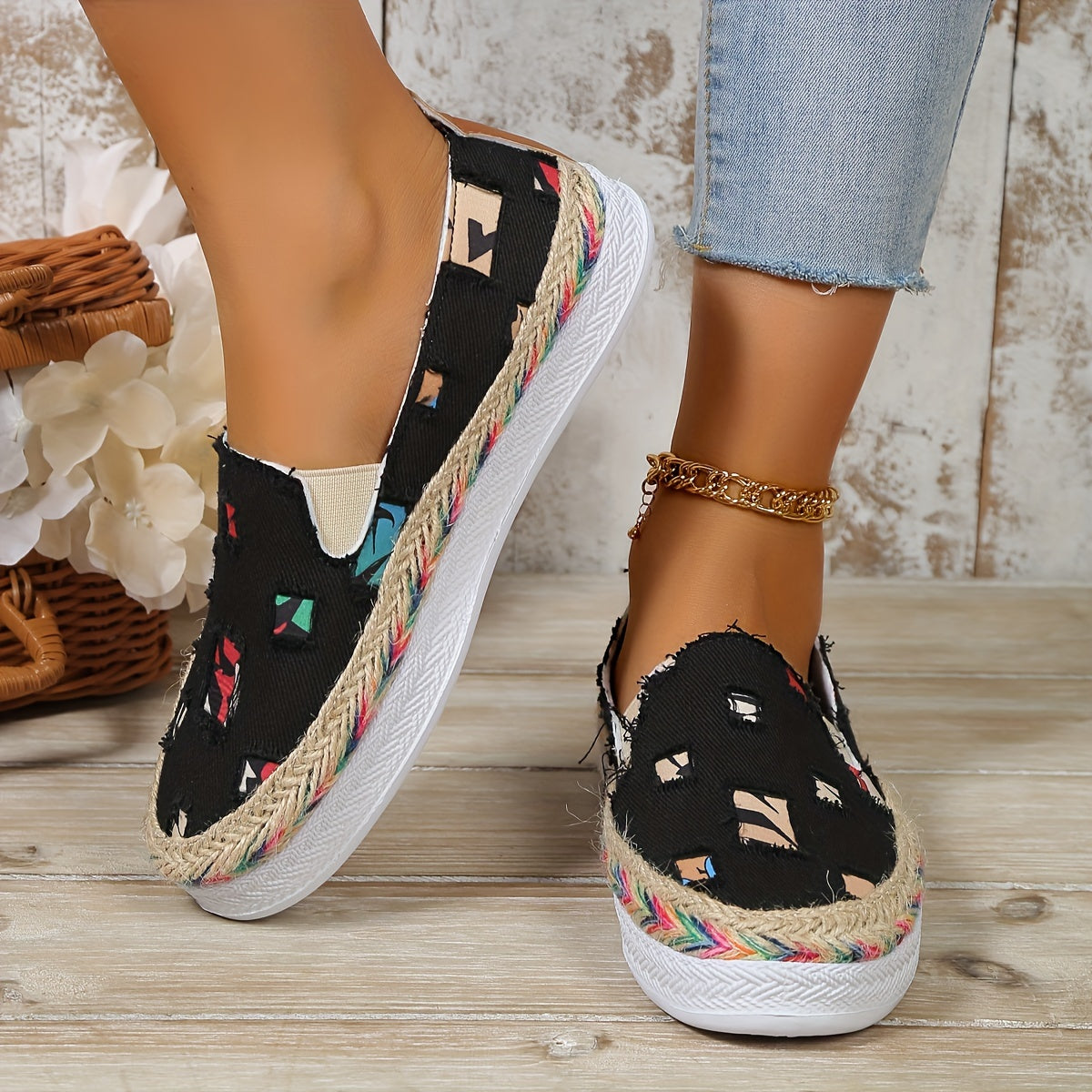 Women's Ripped Denim Flat Shoes Slip On Walking Sneakers