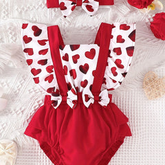 Newborn Infant Heart Print Romper & Bow Headband Set For Baby Girls