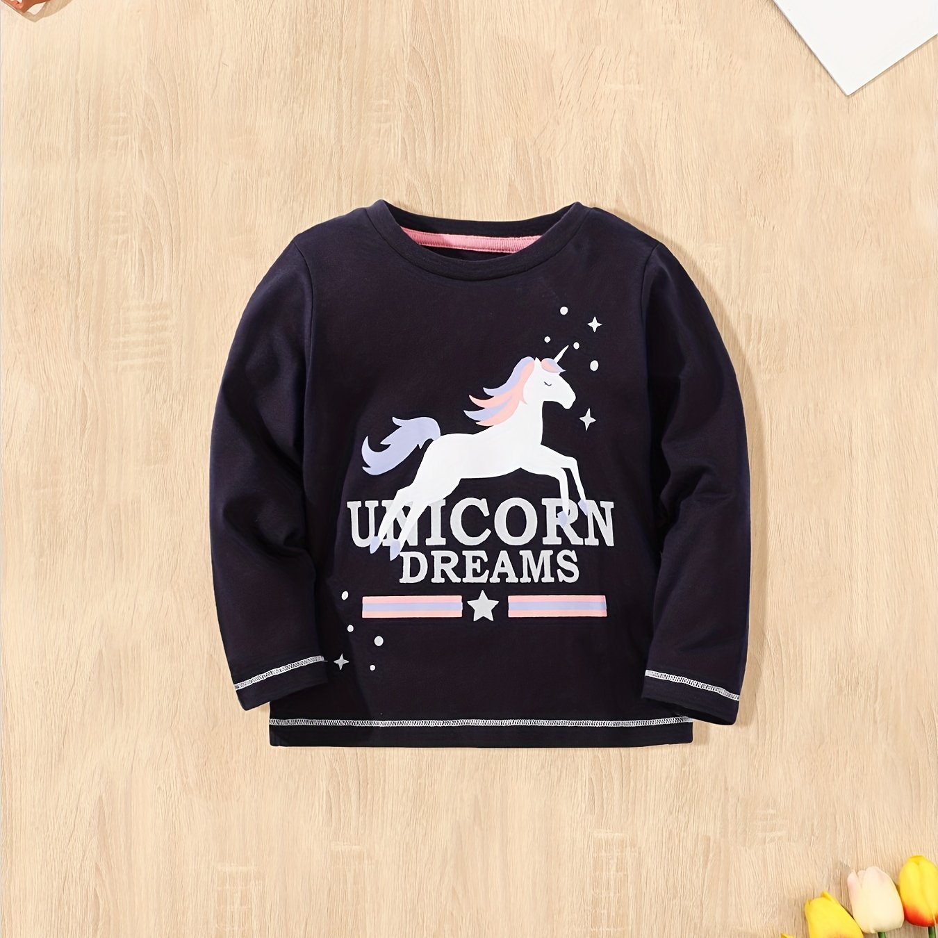 Girls 100% Cotton Unicorn Graphic Long Sleeve T-shirt for Spring Fall