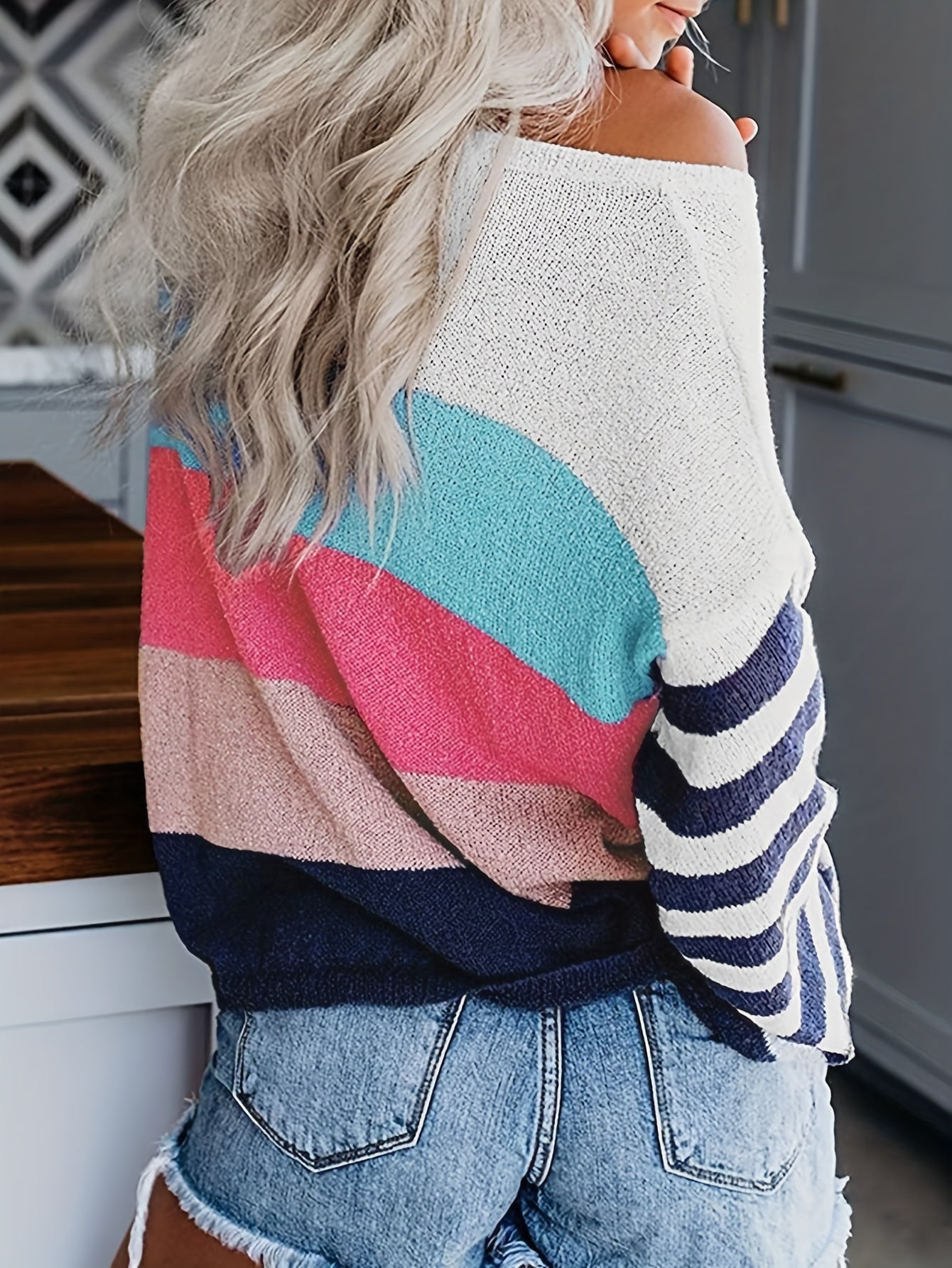 Casual Sweater Colorblock Stripe Print Long Sleeve Jumper