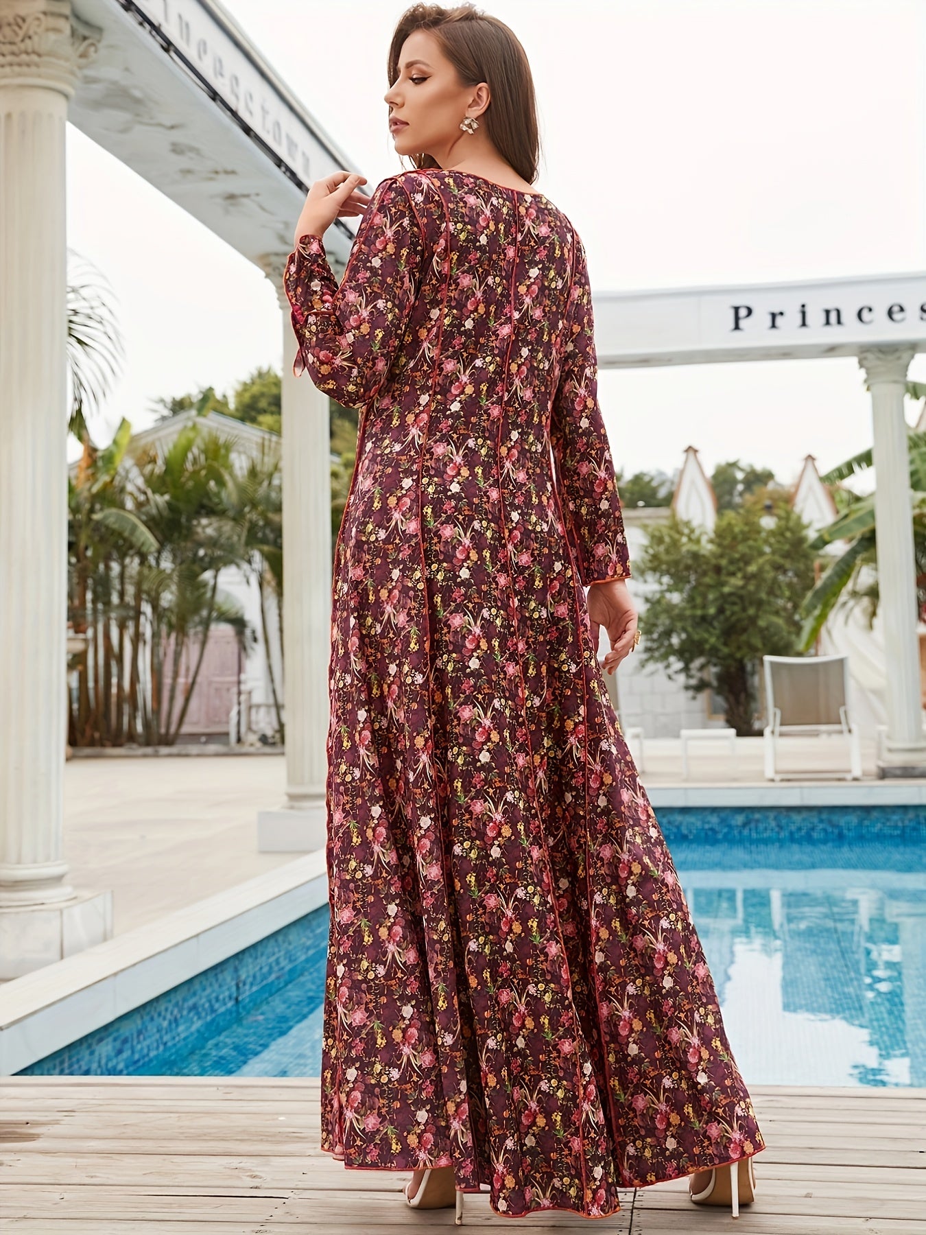 Abaya Dress Women's Plus Ditsy Floral & Stripe Print Maxi Dress