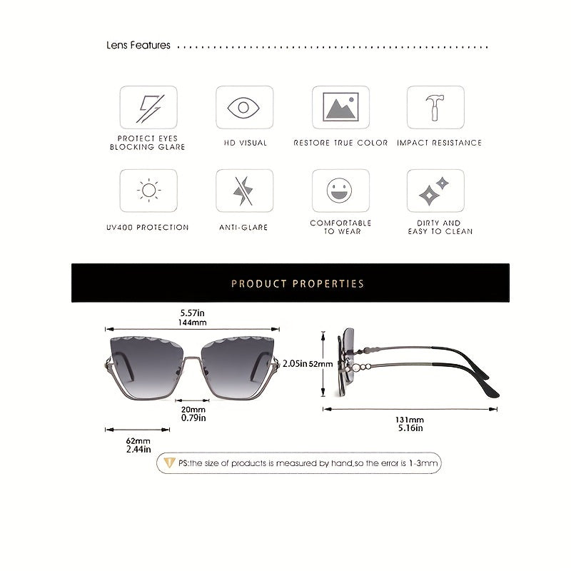 Ombre Lens Sunglasses Block Semi Rimless Glasses Rhinestone Decor Eyewear