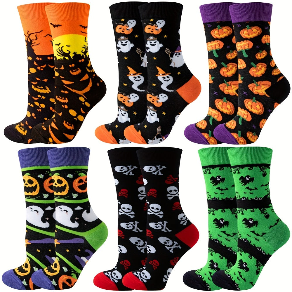 6 Pairs Halloween Skull & Pumpkin Print Funny Mid Tube Socks Women's Stockings