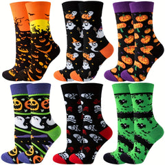 6 Pairs Halloween Skull & Pumpkin Print Funny Mid Tube Socks Women's Stockings