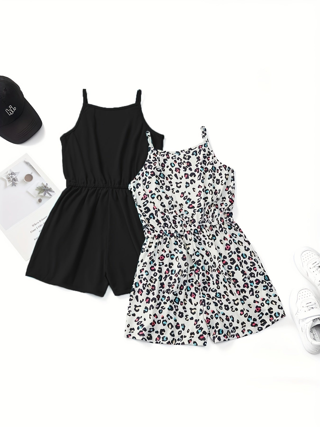 Girls Leopard Print Cami Rompers Set