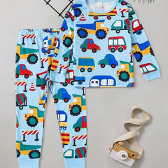 Boys 2pcs Pajamas Long Sleeve Top & Pants Colorful Cartoon Cars Print Set