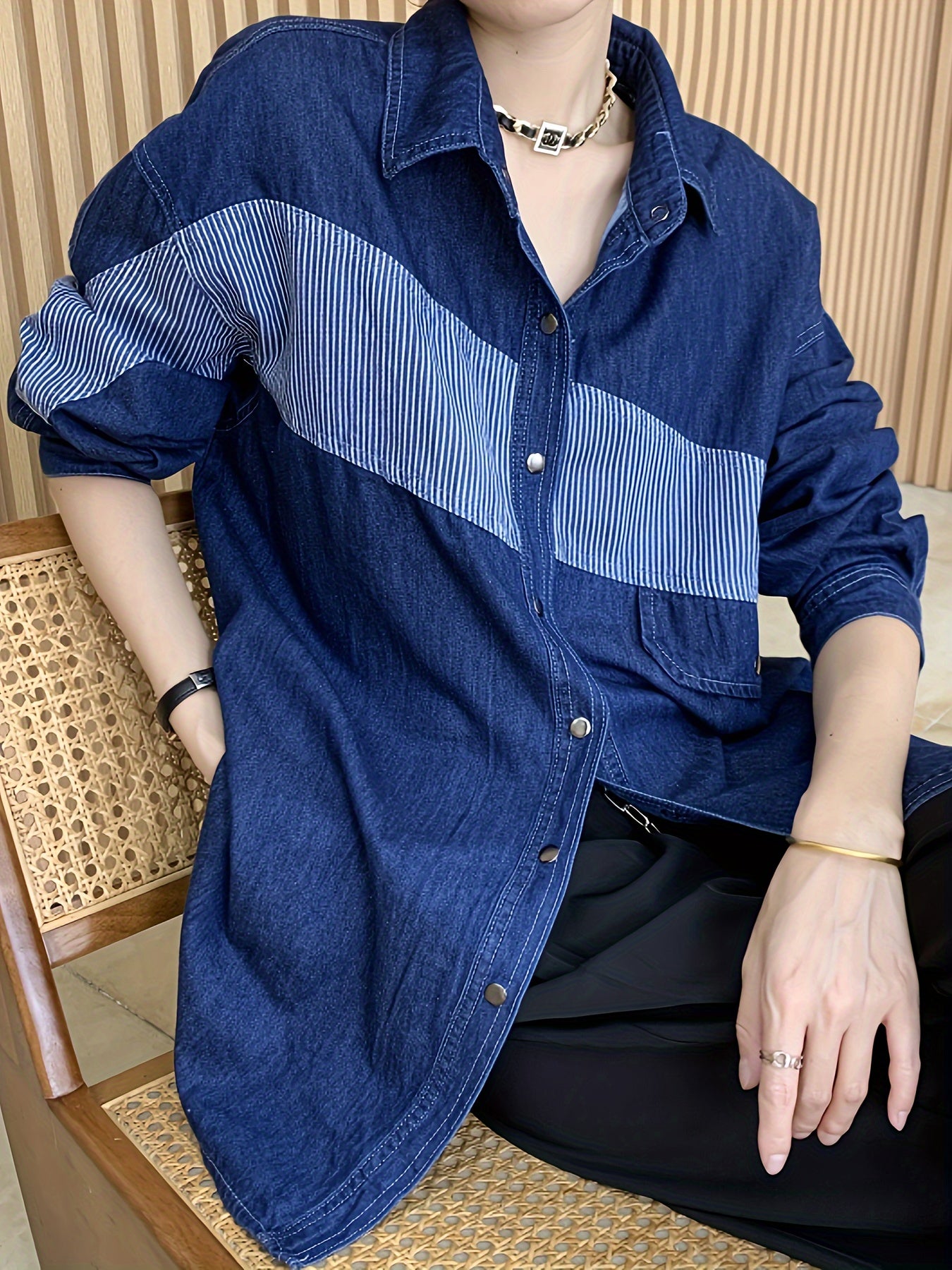 Colorblock Stripe Print Denim Top