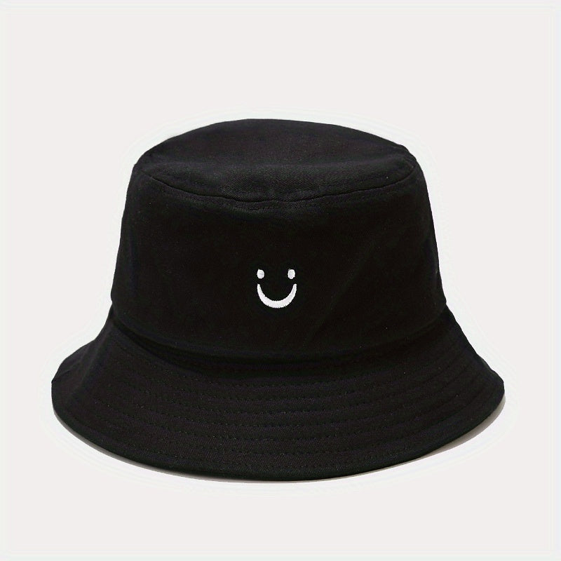 Unisex Smile Embroidery Sunshade Bucket Hat for Outdoor Travel
