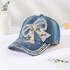 Rhinestone Bow Patch Baseball Cap Denim Washed Distressed Dad Hat