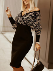 Retro Geo Print Bodycon Dress Long Sleeve V neck Waist Fall Winter Dresses