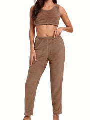 Fuzzy Lounge Set Crew Neck Tank Top & Elastic Waistband Pants Women's Loungewear