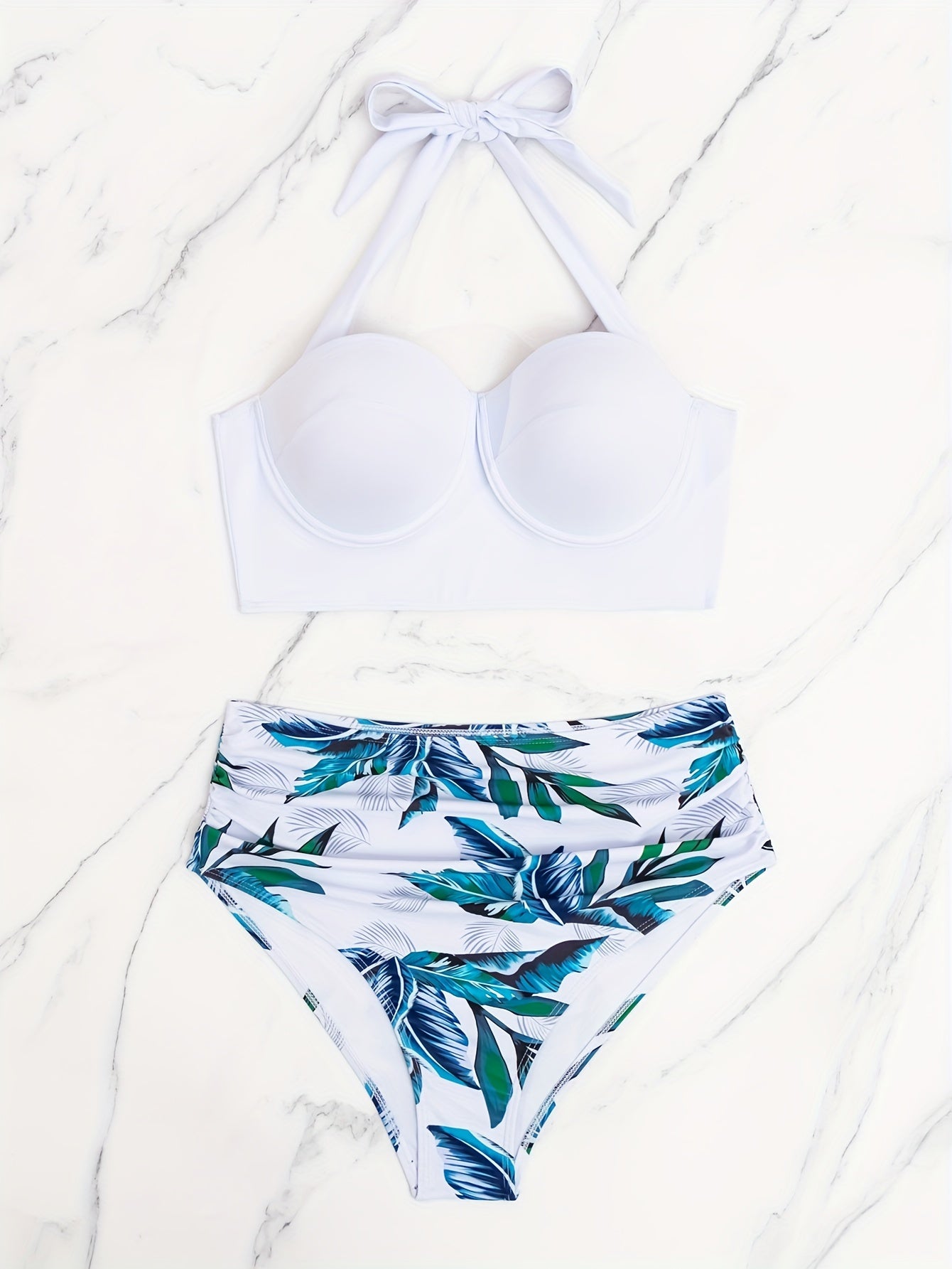 Bikini Set Solid Molded Cup Halter Bra & Ruched Panty Swimsuit