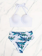 Bikini Set Solid Molded Cup Halter Bra & Ruched Panty Swimsuit