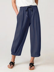 Drawstring Waist Cropped Pants Loose Fit Casual Elastic Trim