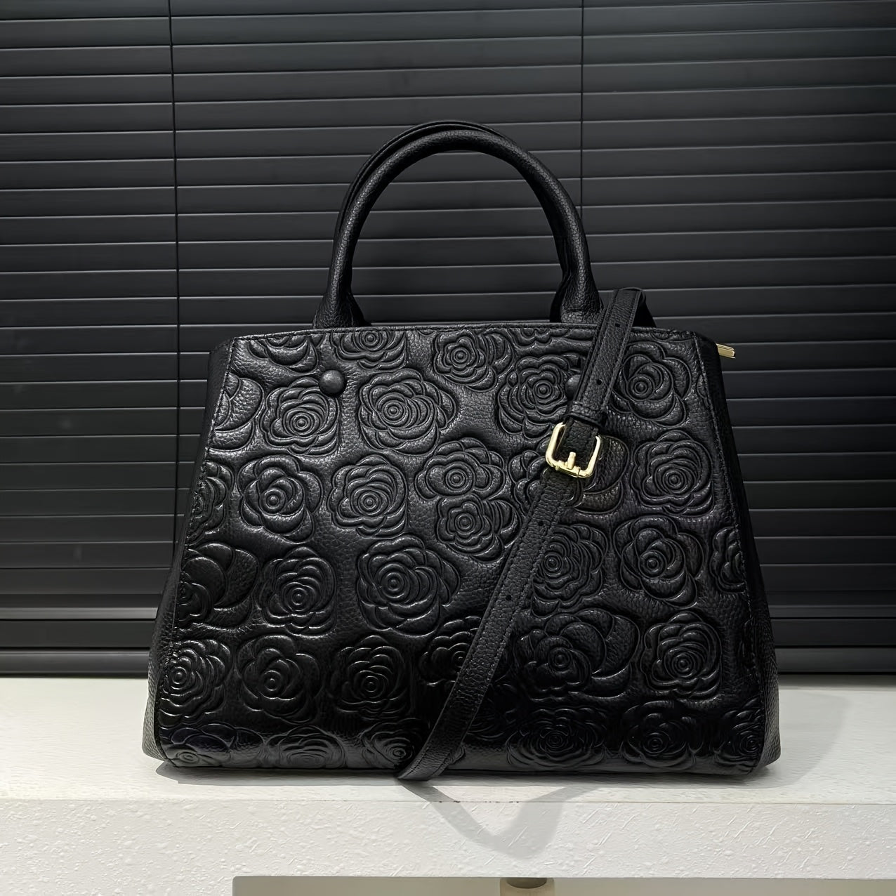 Floral Embossed Leather Tote Bag with Zipper Closure