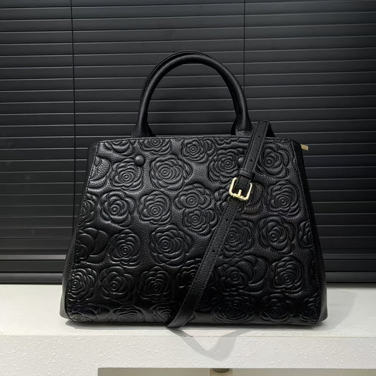Floral Embossed Leather Tote Bag with Zipper Closure
